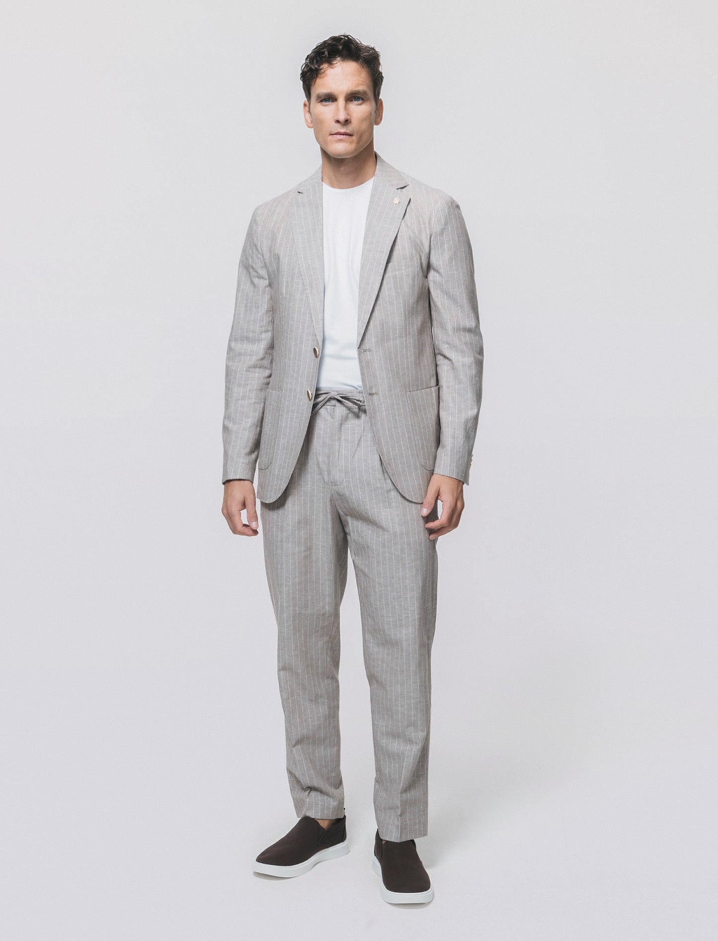 Pantaloni formal fit in linen blend rigato - Beige