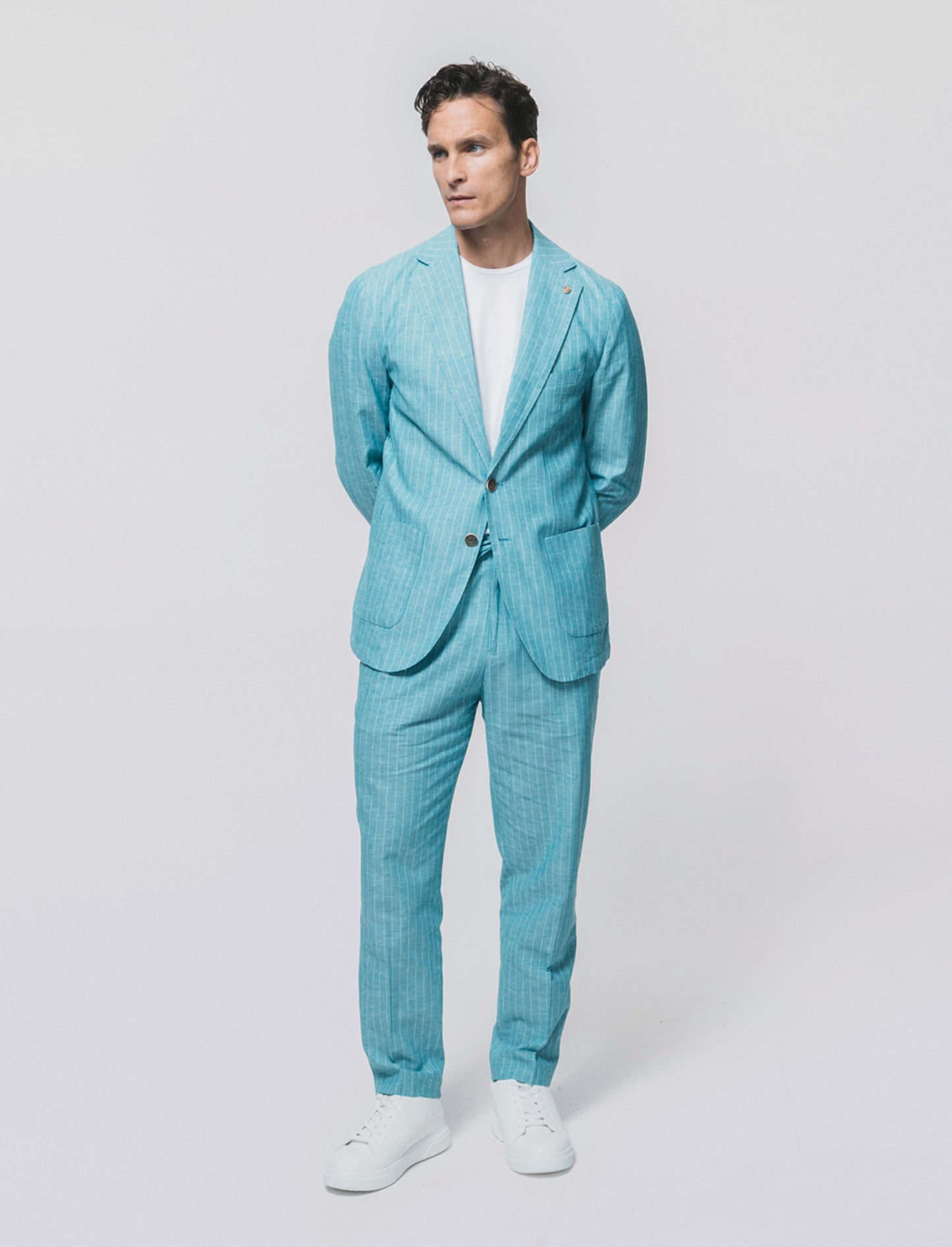 Pantaloni formal fit in linen blend rigato - Verde petrolio