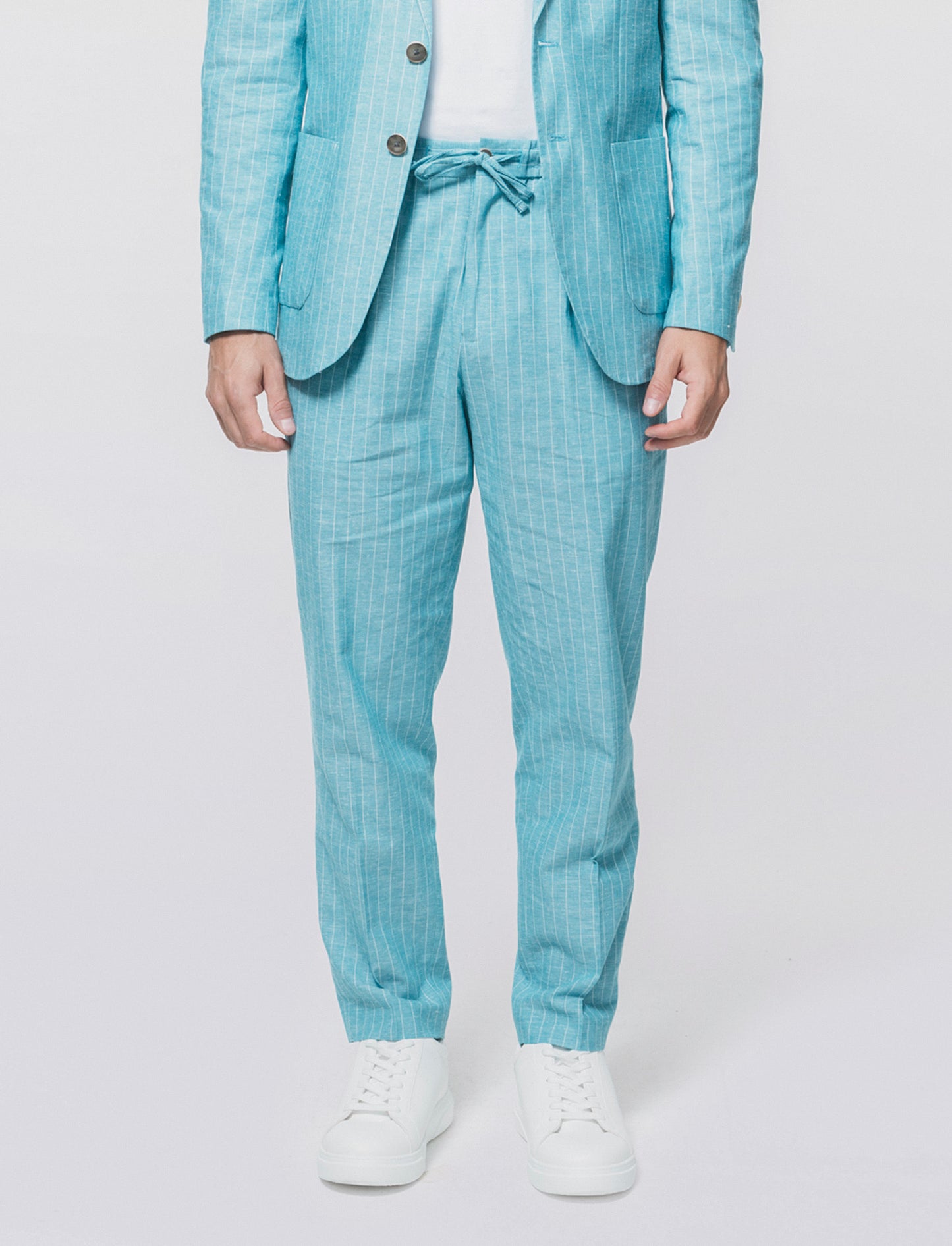 Pantaloni formal fit in linen blend rigato - Verde petrolio