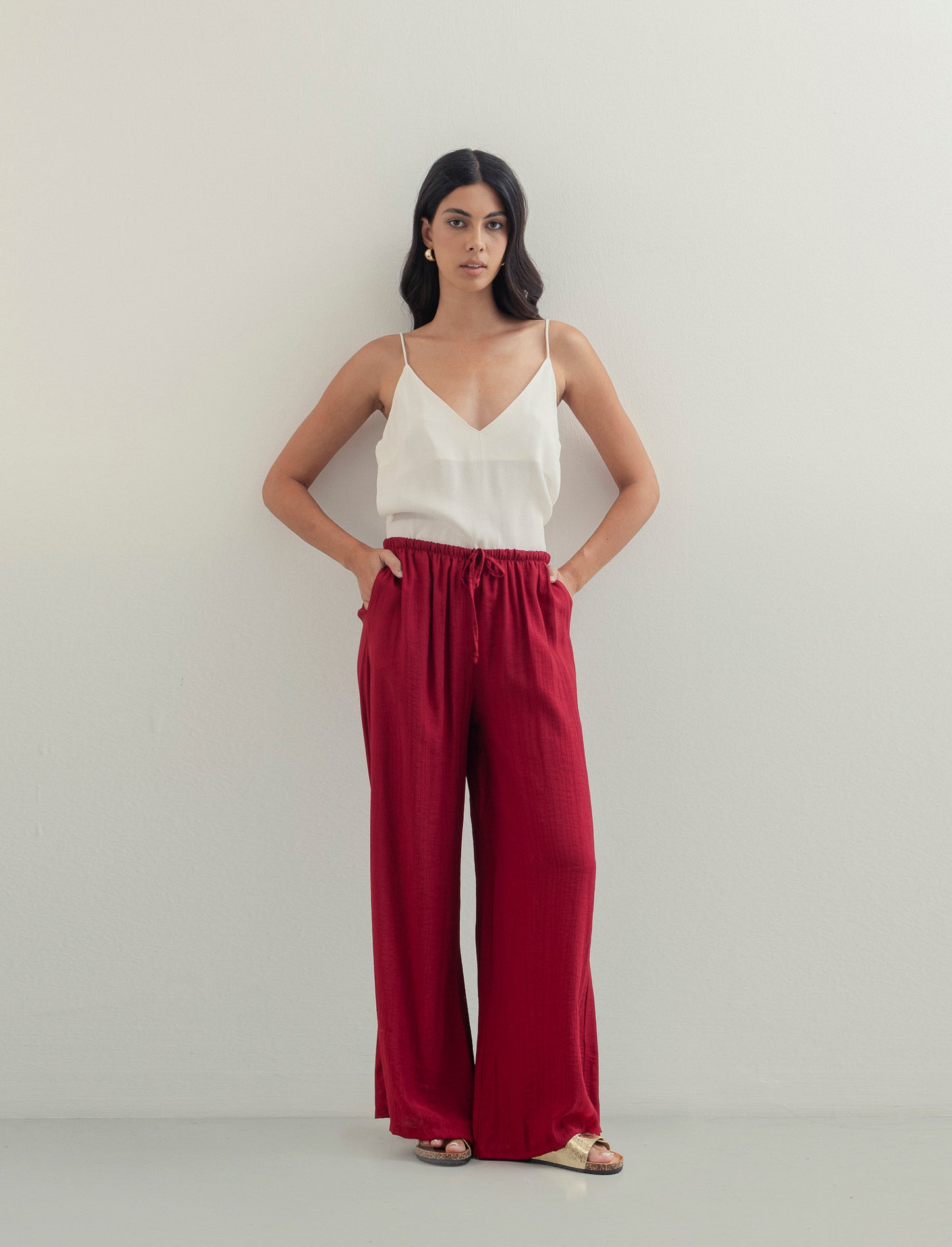 Pantalone largo con coulisse sottile - Rosso india