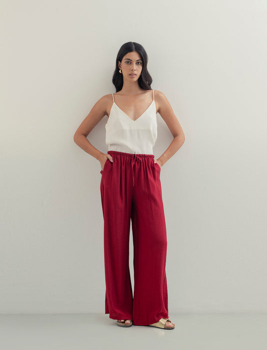 Pantalone largo con coulisse sottile - Rosso india
