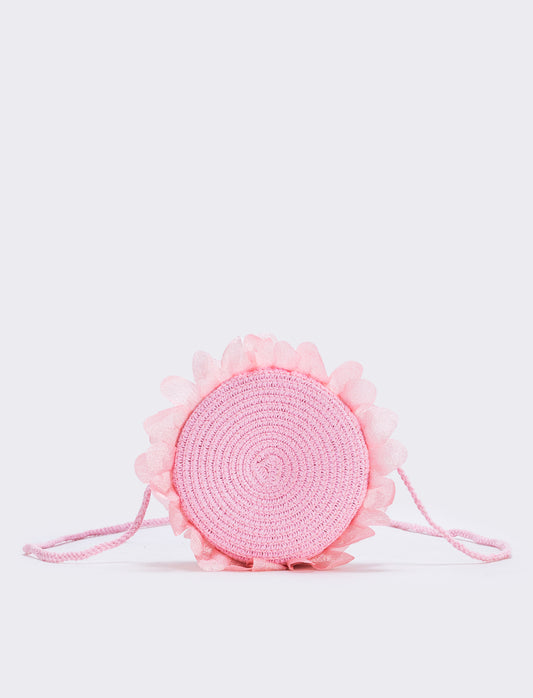 Borsetta rotonda in paglia con rouche bambina - Rosa