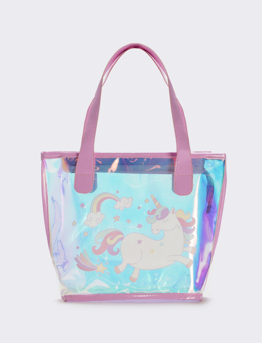 Borsa shopper lucida con unicorno - Verde