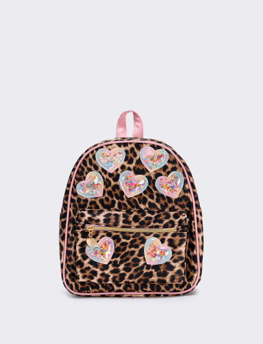 Zainetto leopardato con cuori glitterati - Rosa