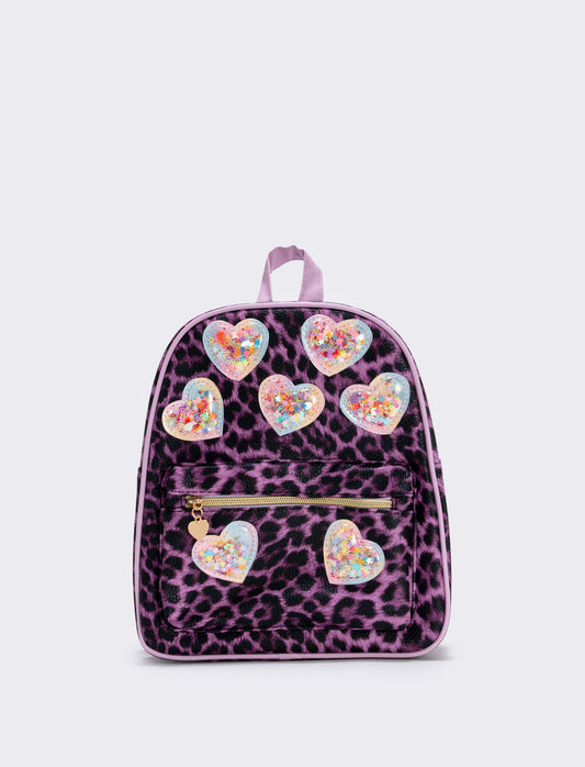 Zainetto leopardato con cuori glitterati - Lilla