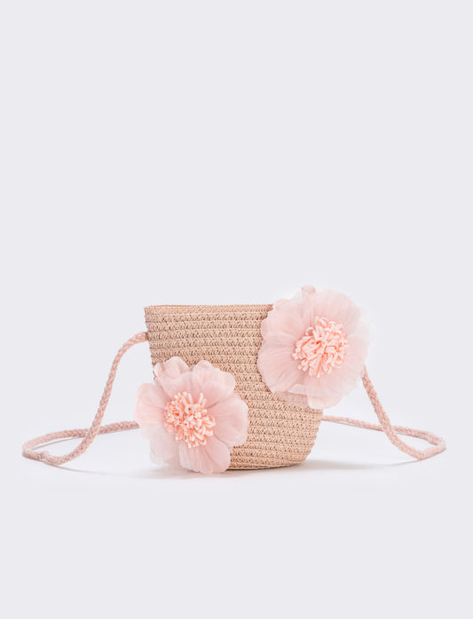 Borsetta paglia con fiori per bambina - Rosa