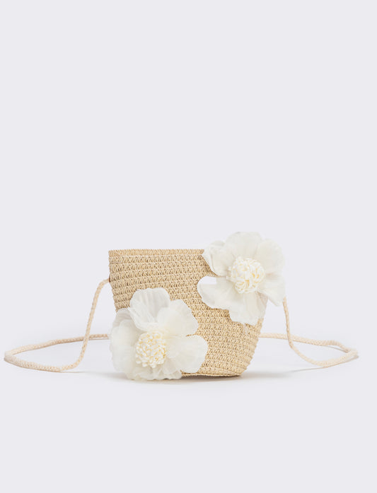 Borsetta paglia con fiori per bambina - Beige