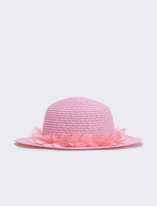 Cappello paglia con falda larga e decorazioni - Rosa