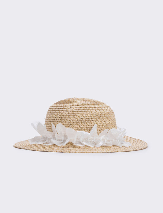 Cappello paglia con falda larga e decorazioni - Bianco natural
