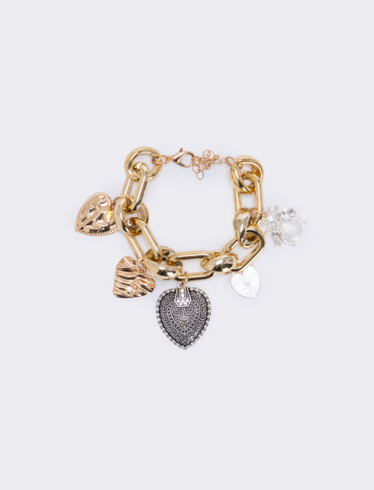 Chain bracelet with hearts and charms - Gold