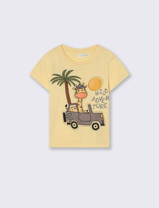 Crew neck t-shirt with print and embroidery - Yellow