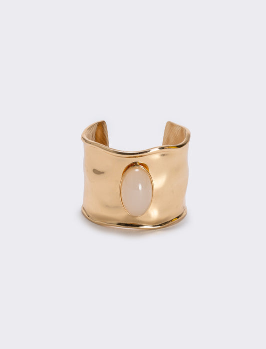 Wide rigid bracelet with large stone - Beige