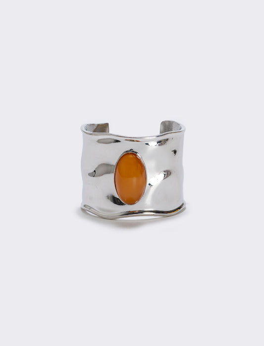 Wide rigid bracelet with large stone - Brown