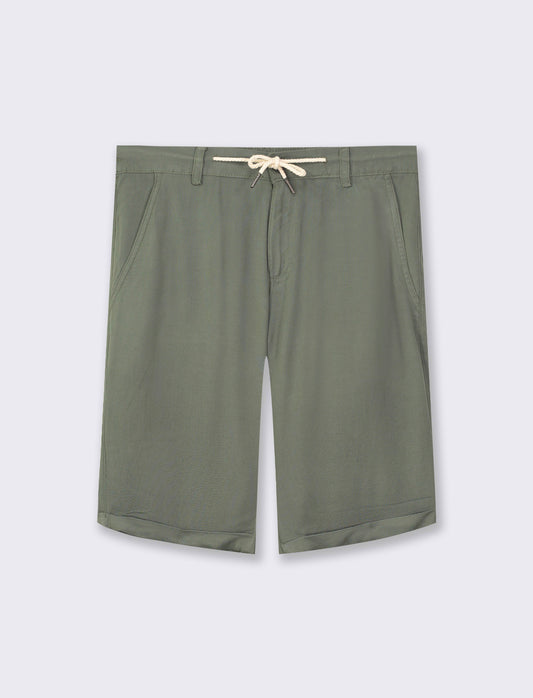 Chino Viscose Bermuda with Adjustable Waistband and Zip/Button Closure - Green