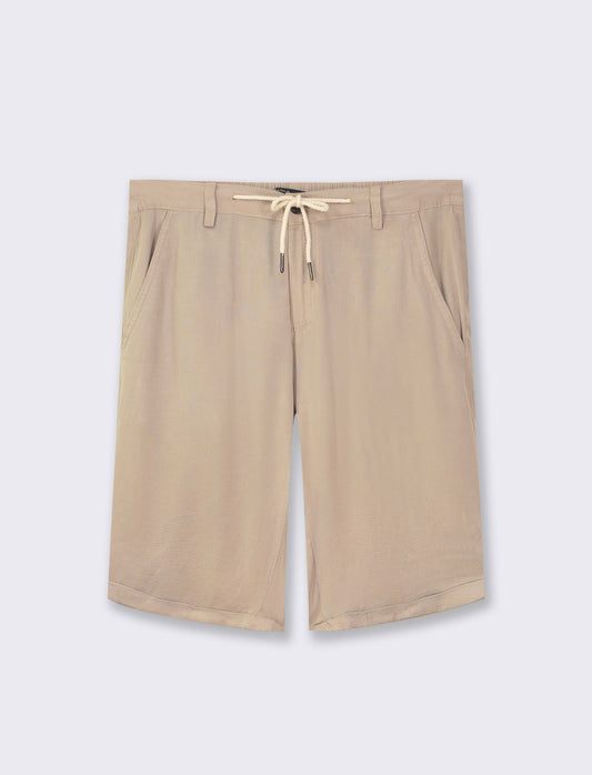 Chino Viscose Bermuda with Adjustable Waistband and Zip/Button Closure - Beige