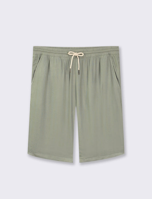 Regular Fit Jogger Bermuda in Viscose Blend with Herringbone Pattern - Green