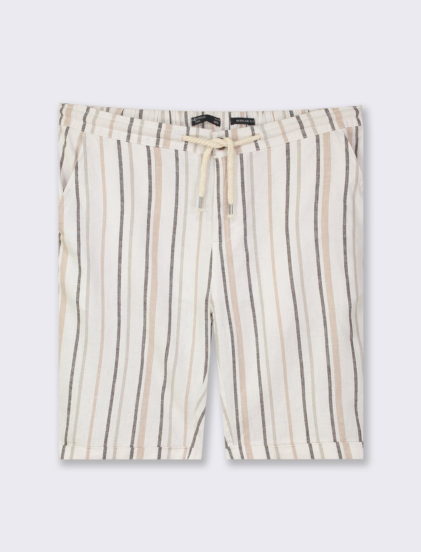 Striped Linen Blend Regular Fit Chino Bermuda with Adjustable Waist - Grey