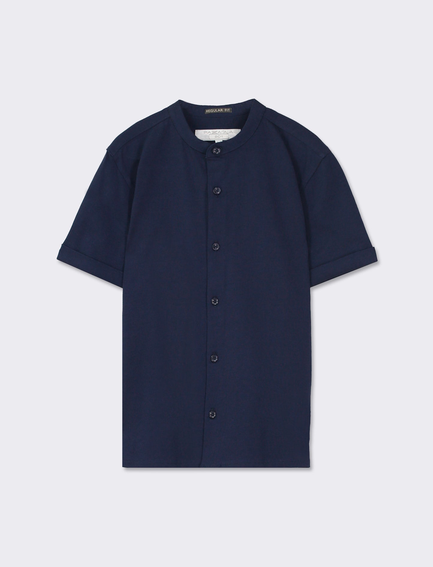 Cotton Korean Collar Shirt with Rolled-up Sleeve and Surf Embroidery - Blue