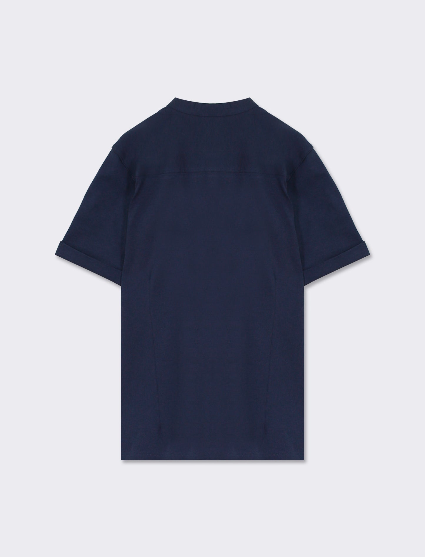 Cotton Korean Collar Shirt with Rolled-up Sleeve and Surf Embroidery - Blue