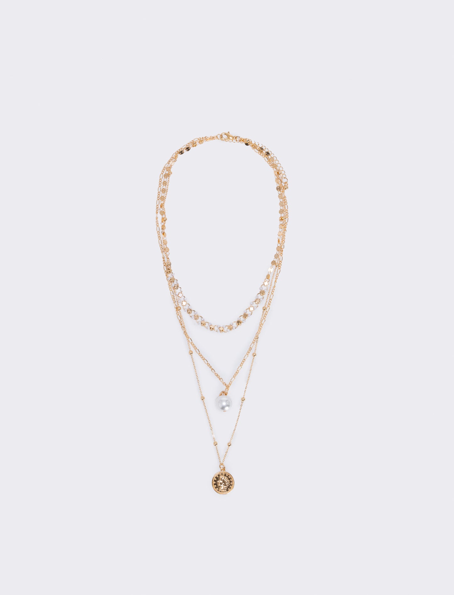 Collana tre fili con perla e monetina - Oro