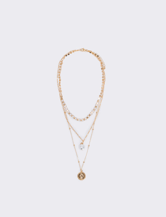 Collana tre fili con perla e monetina - Oro