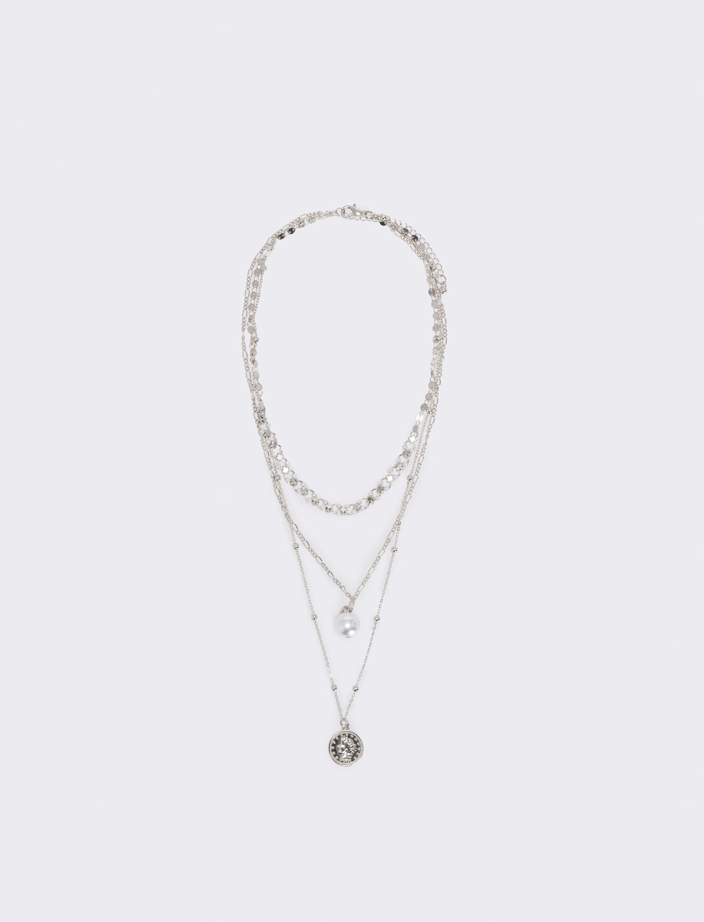 Collana tre fili con perla e monetina - Argento