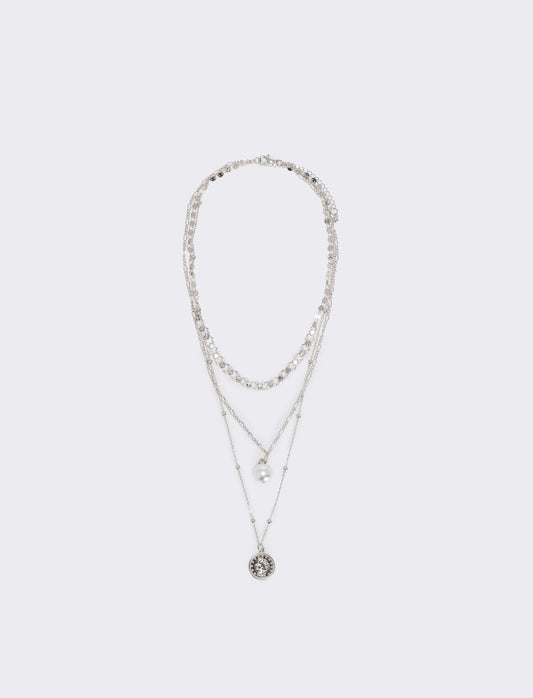 Collana tre fili con perla e monetina - Argento