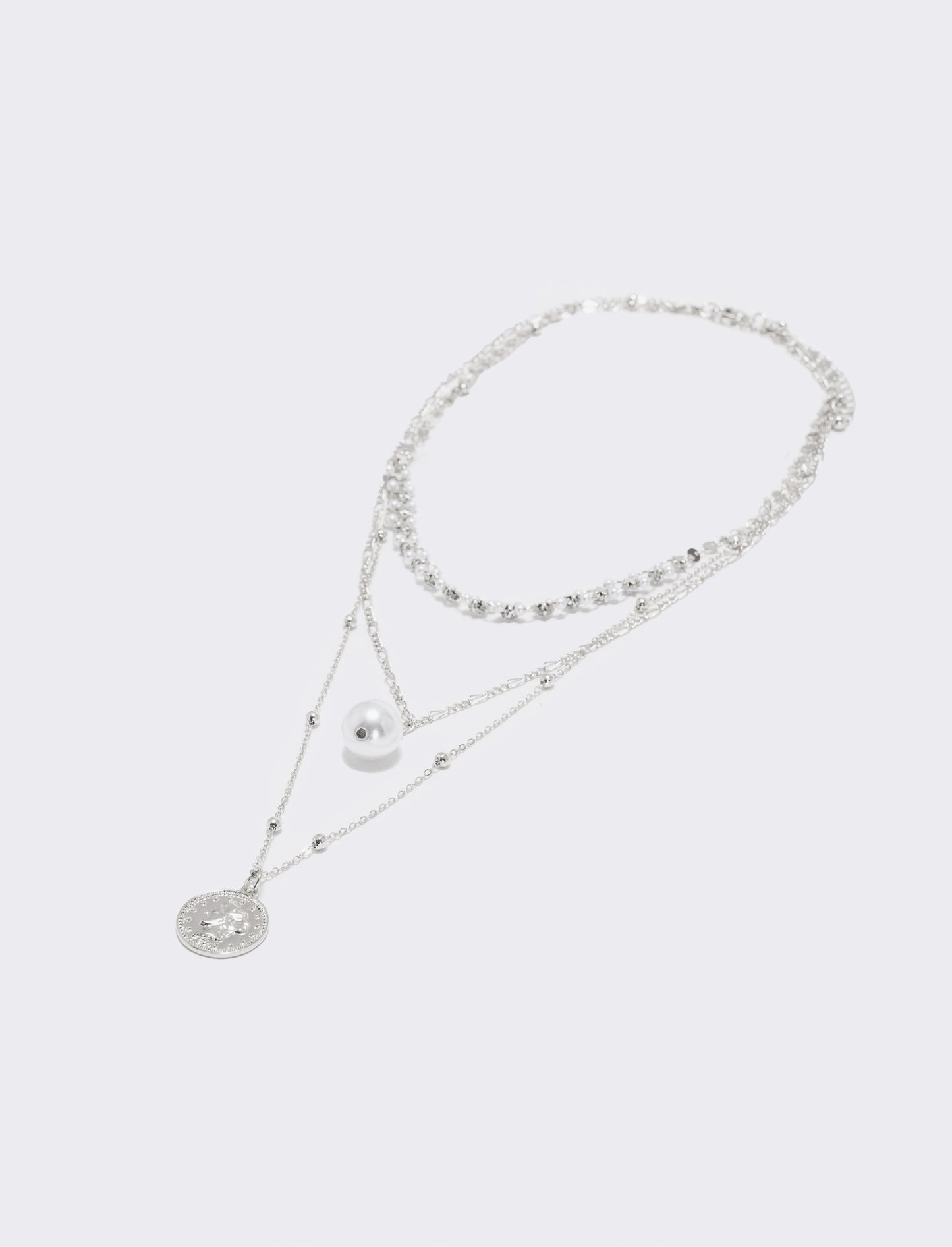 Collana tre fili con perla e monetina - Argento