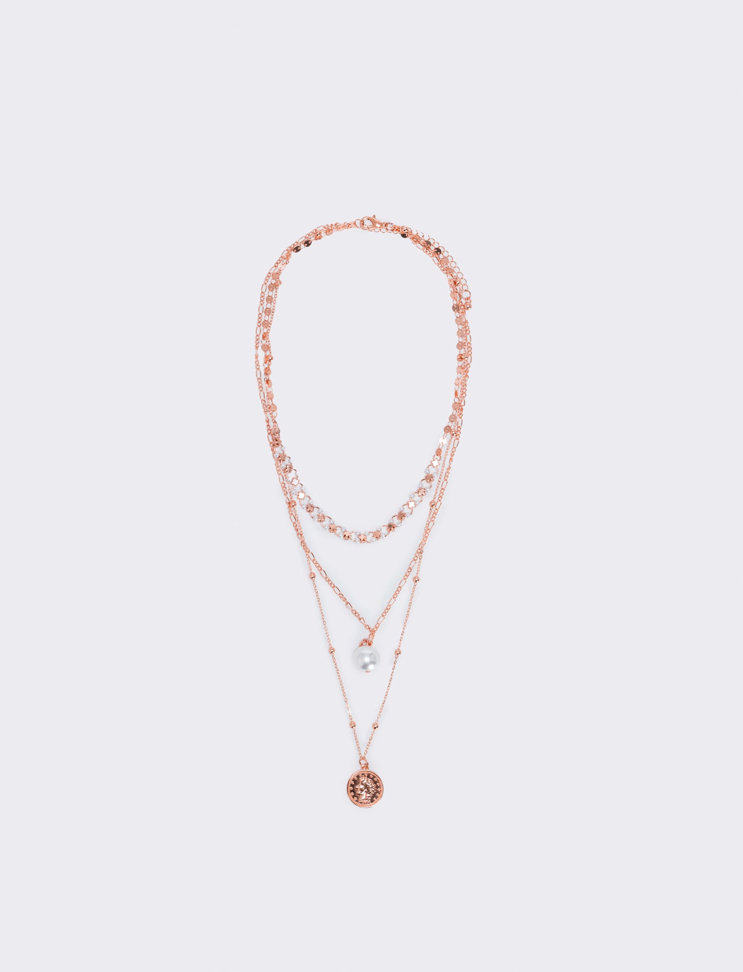 Collana tre fili con perla e monetina - Oro rosa