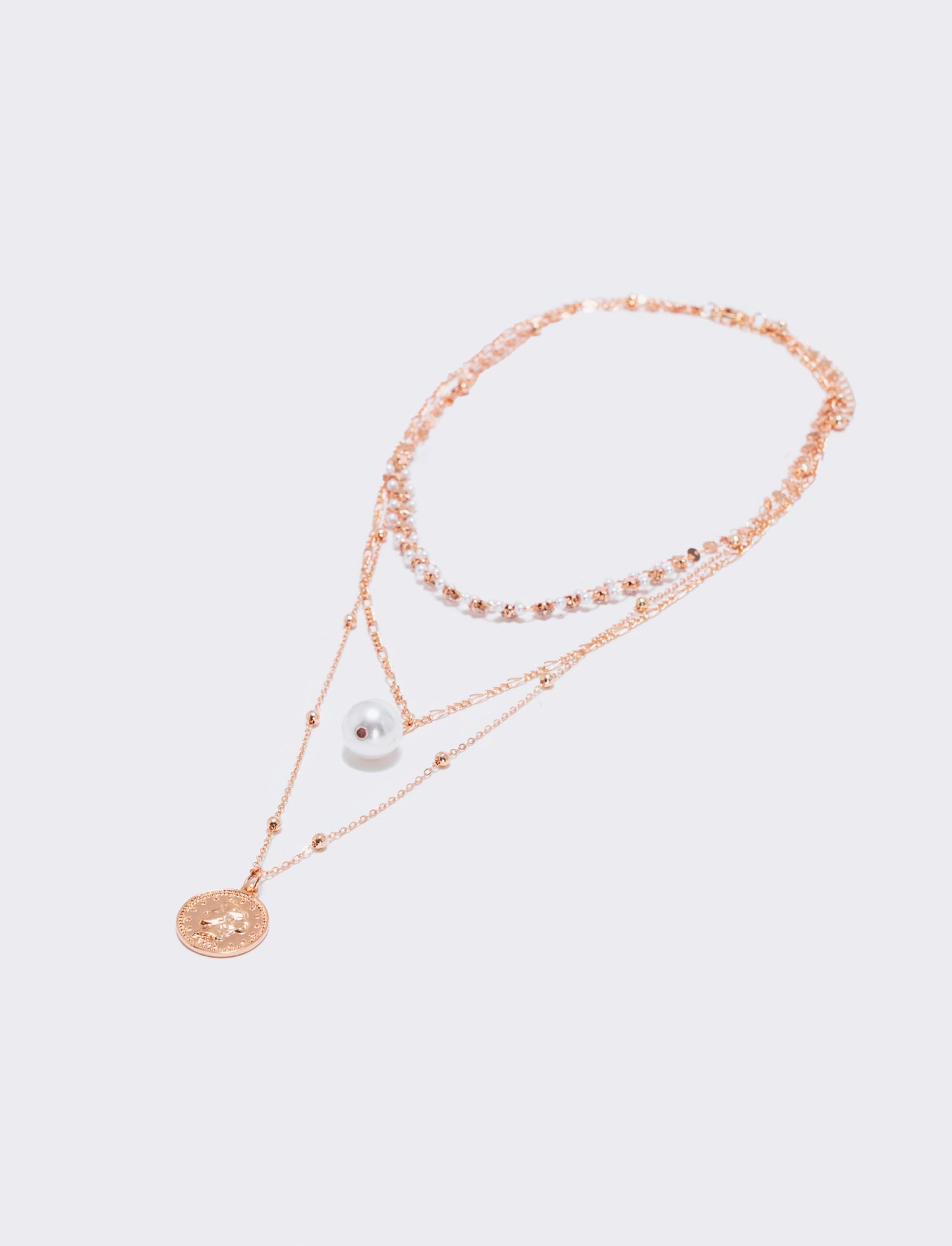 Collana tre fili con perla e monetina - Oro rosa
