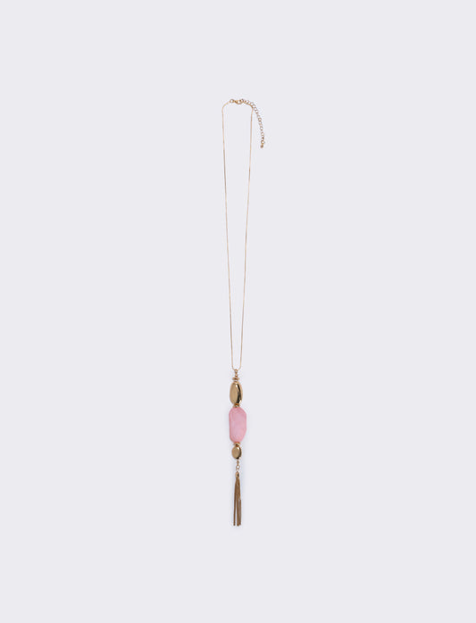 Collana lunga con pietra e nappina elegante - Rosa