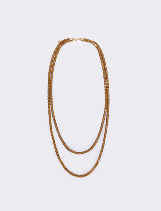 Collana tubolare con perle e strass - Marrone