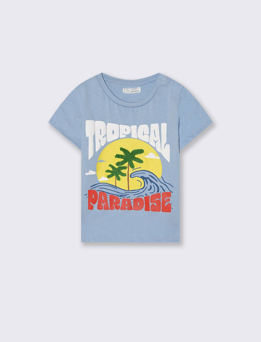 T shirt girocollo con stampa e ricamo - Azzurro