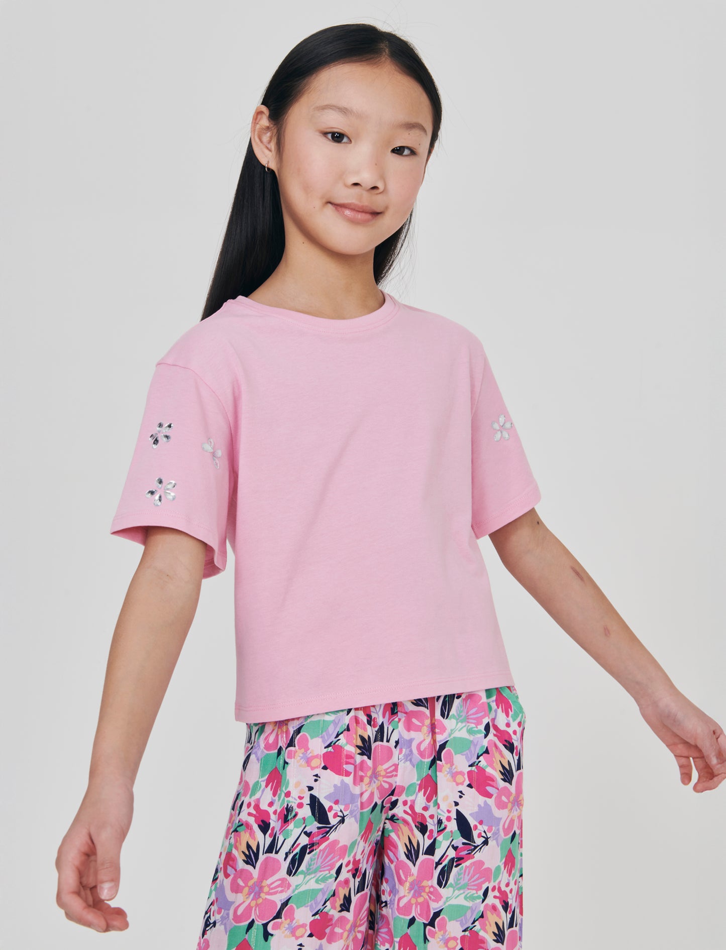 Loose T-shirt with adhesive stones and ribbing - Pink
