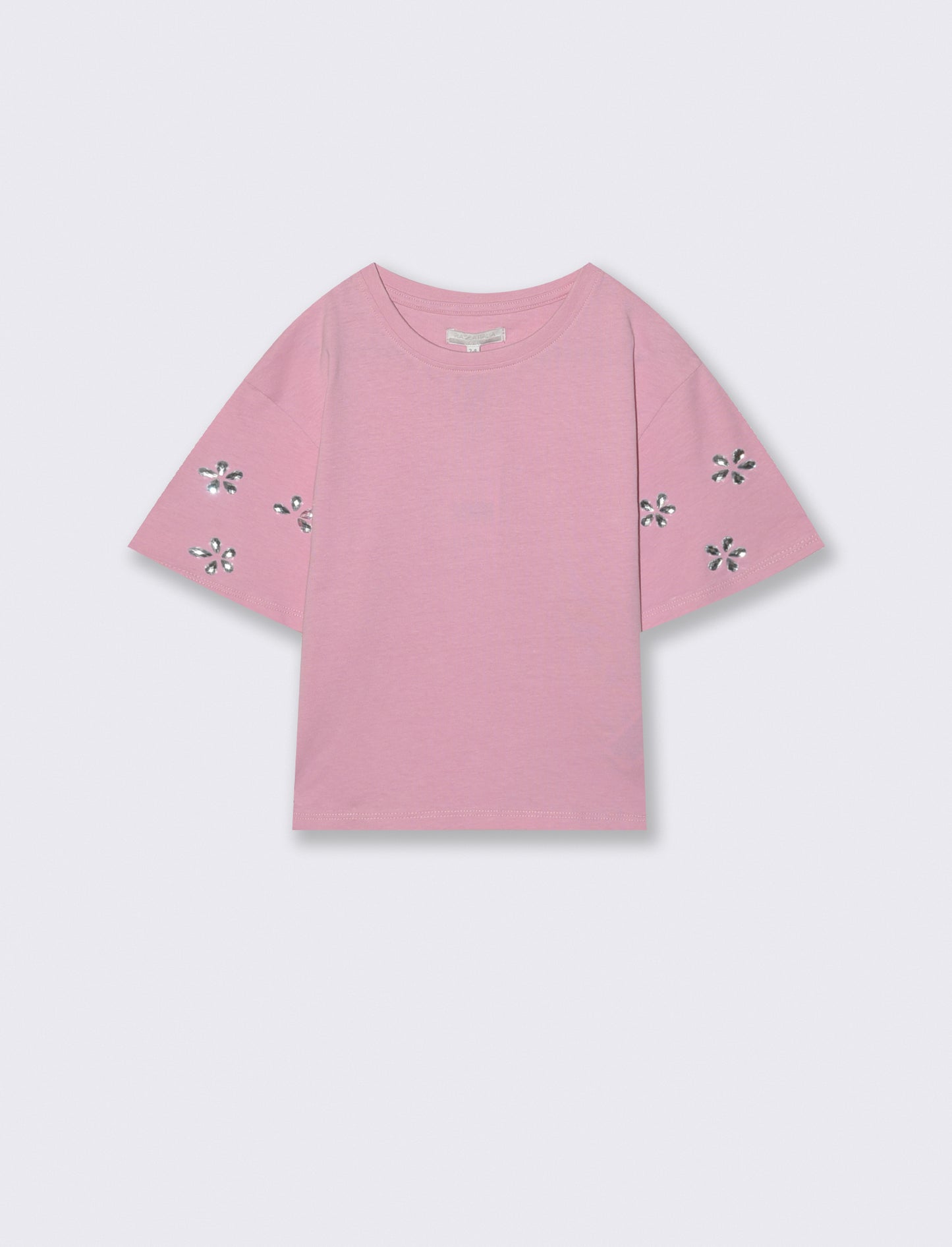 Loose T-shirt with adhesive stones and ribbing - Pink
