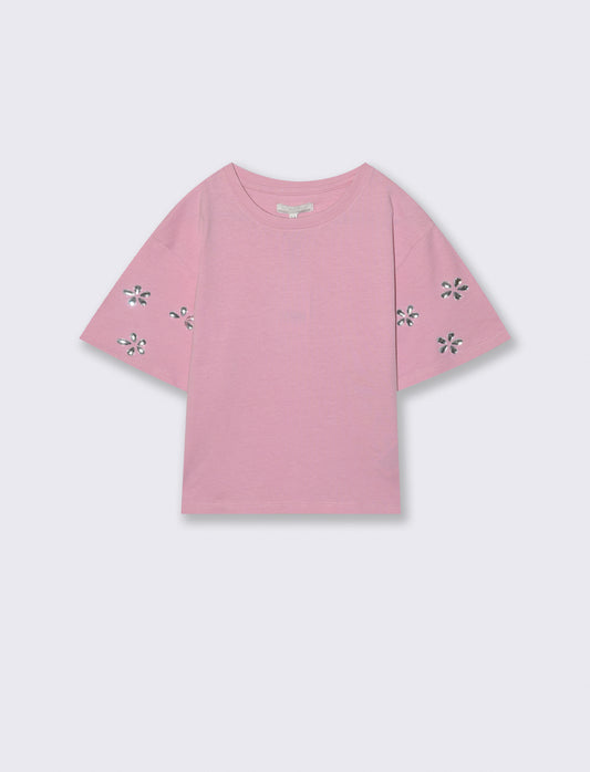 Loose T-shirt with adhesive stones and ribbing - Pink