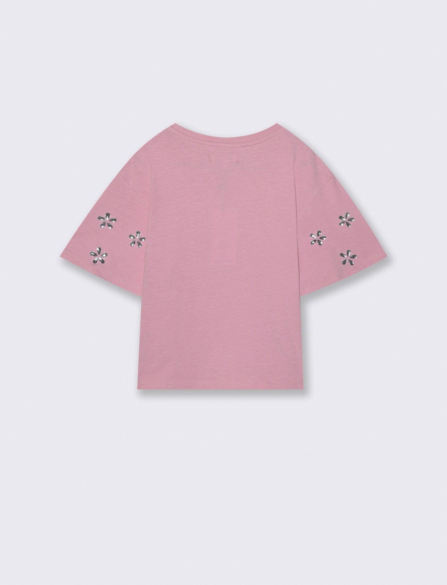 Loose T-shirt with adhesive stones and ribbing - Pink