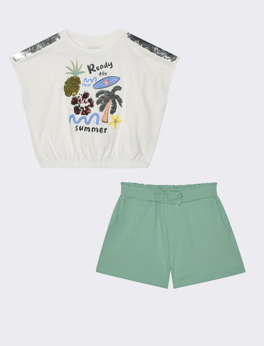 Set 2 pack: t-shirt e short in french terry - Bianco-verde