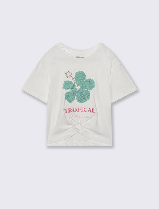T-shirt mezza manica con petali decorativi - Bianco