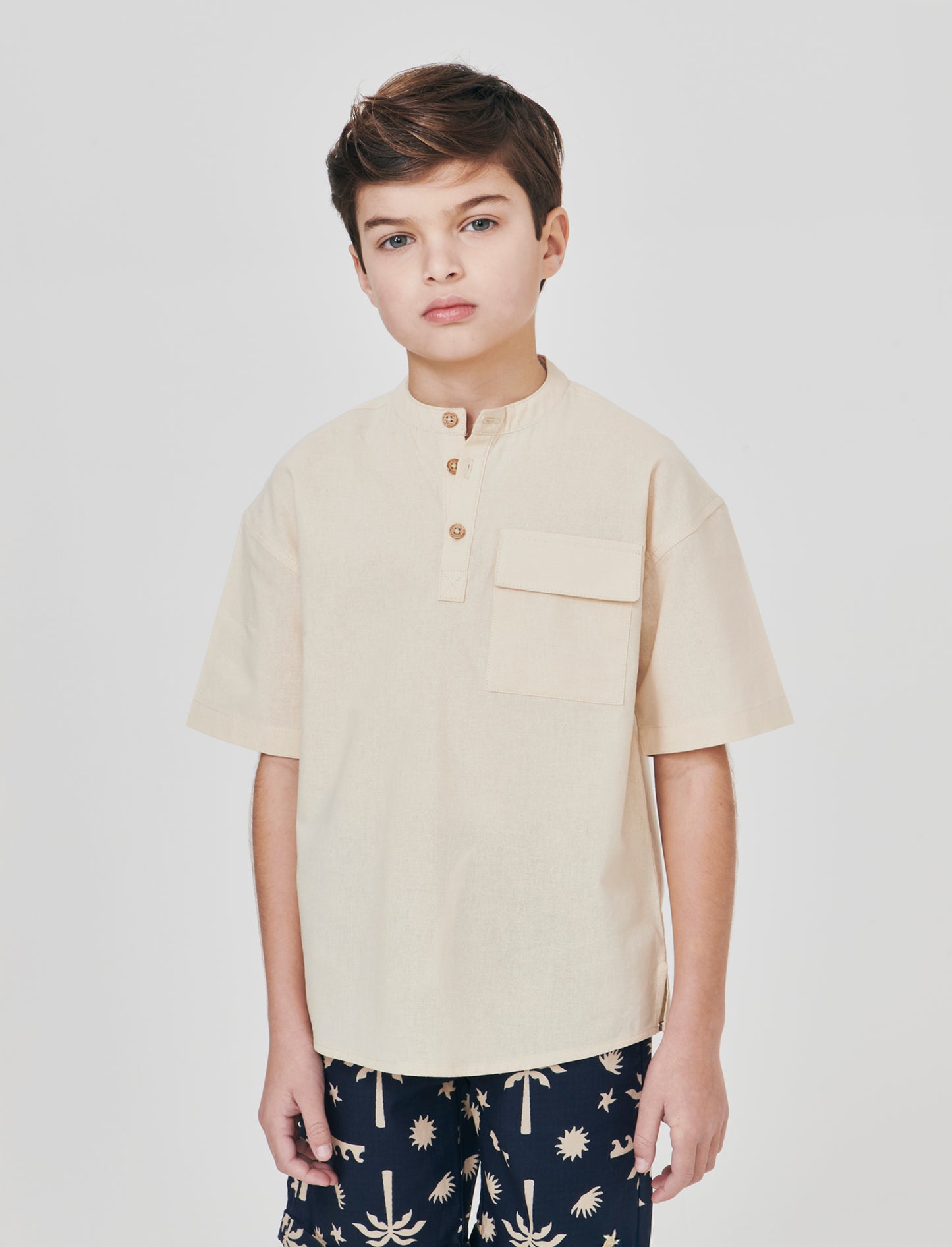 Camicia collo coreana in misto lino - Sabbia