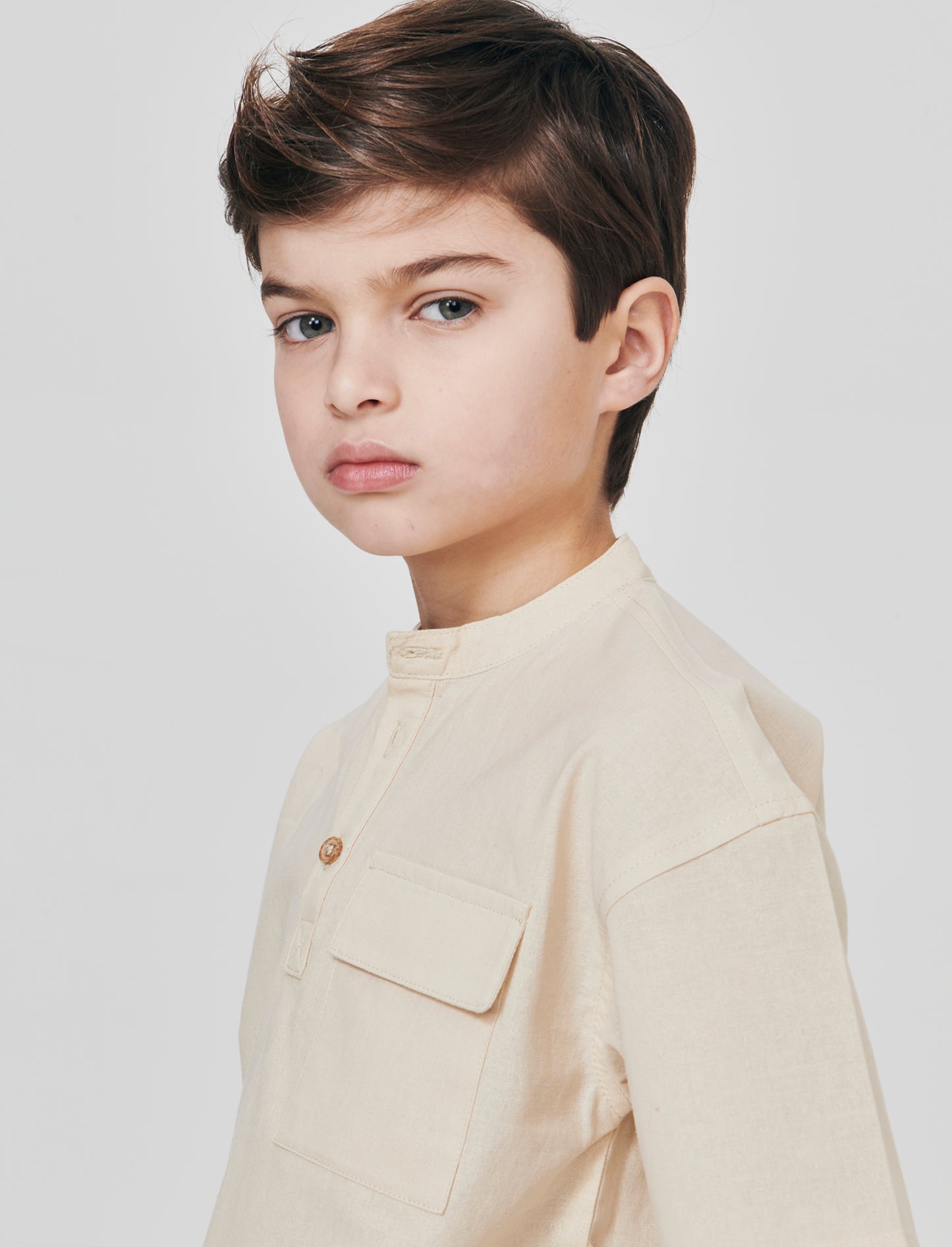 Camicia collo coreana in misto lino - Sabbia