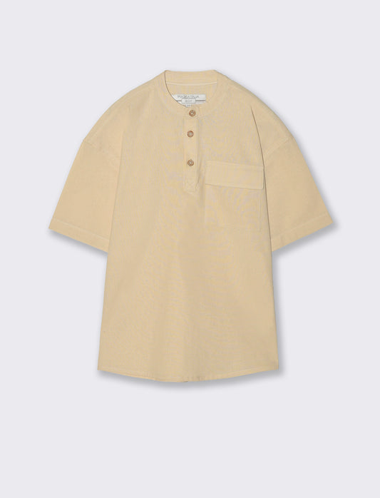 Camicia collo coreana in misto lino - Sabbia
