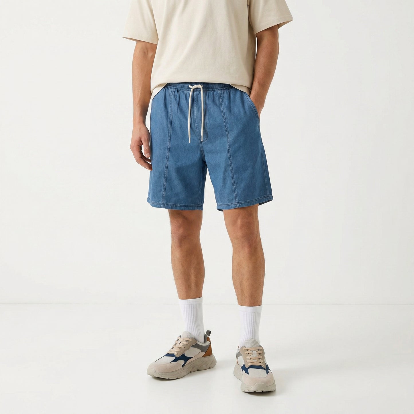 Bermuda Jogger in Lightweight Denim 100% Cotton - Blue