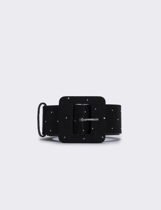 Elegant square buckle rhinestone belt - Black