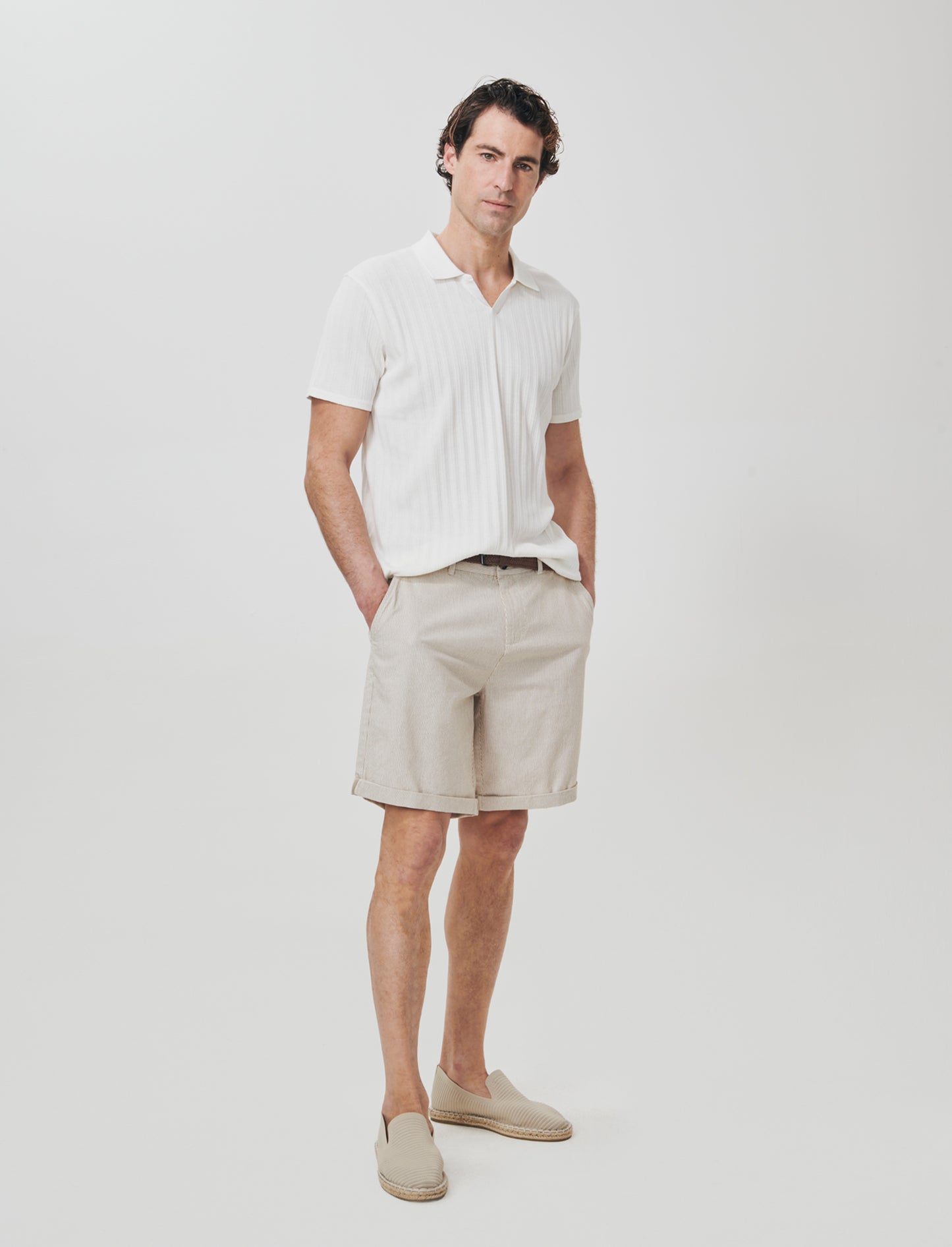 Polo Jacquard Effetto Maglia Maniche Corte - Beige ecru