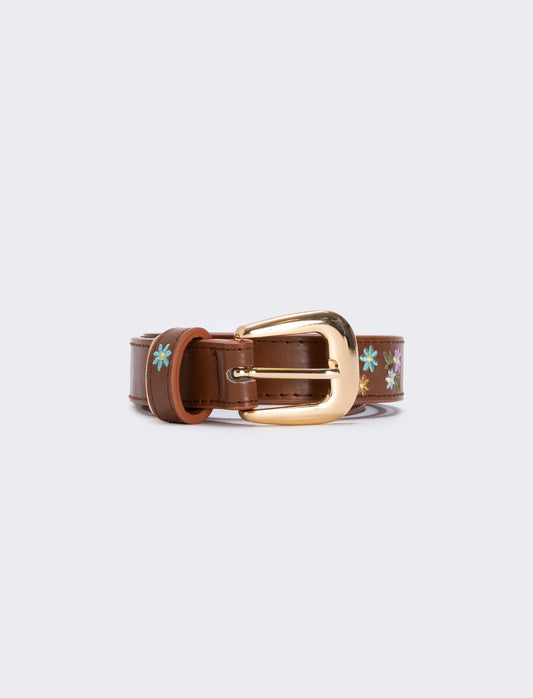 Embroidered belt with elegant flowers - Brown