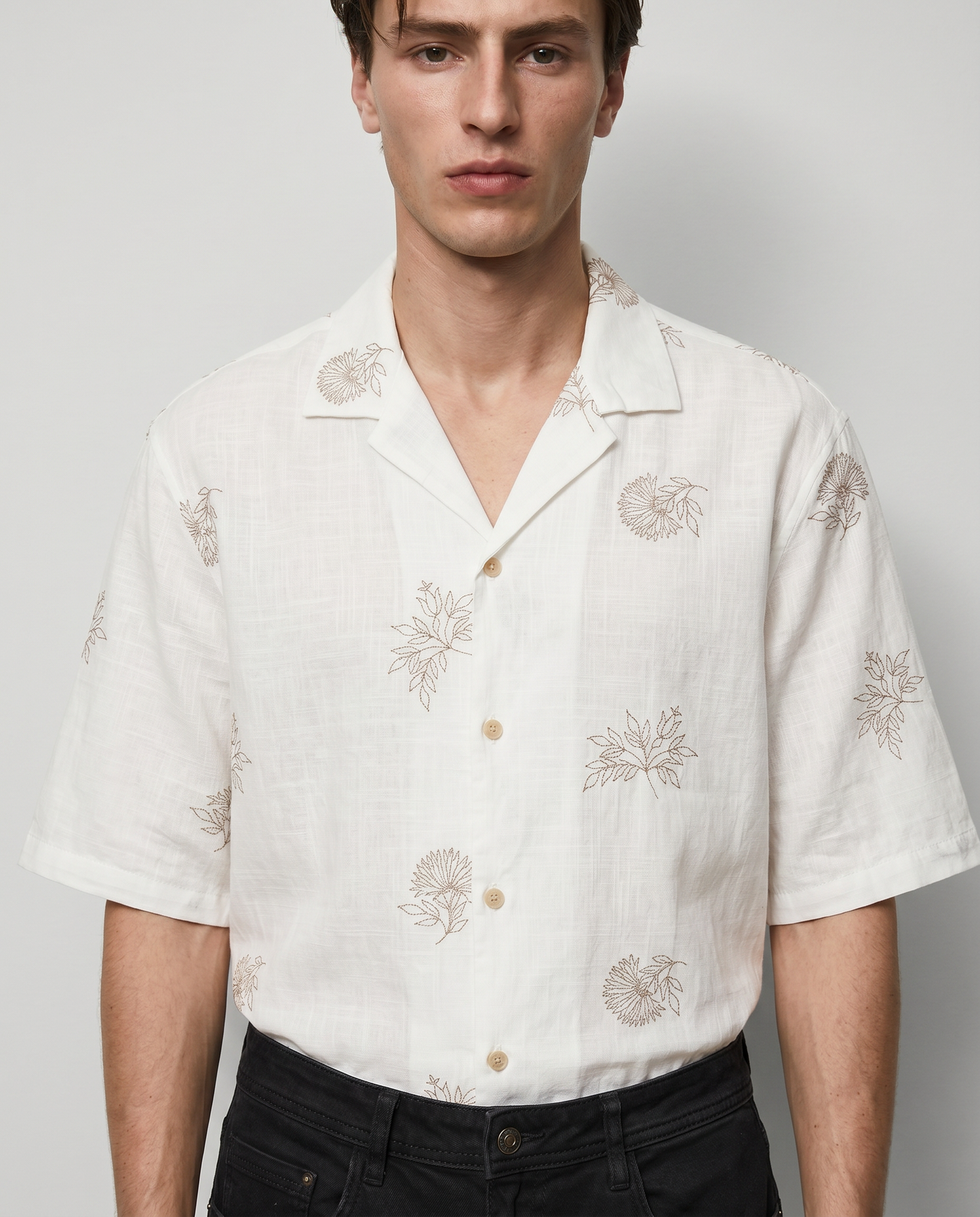 Camicia boxy fit in cotone ricamato - Beige ecru