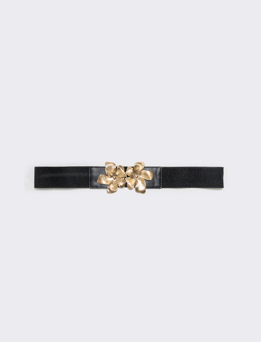 Lurex elastic belt with flower buckle - Black