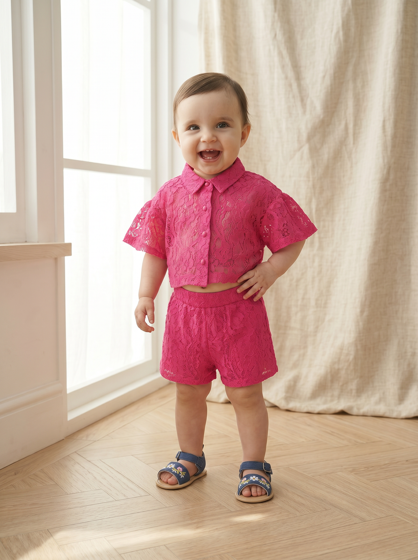 Short Lace Shirt with Wide Sleeves - Fuxia