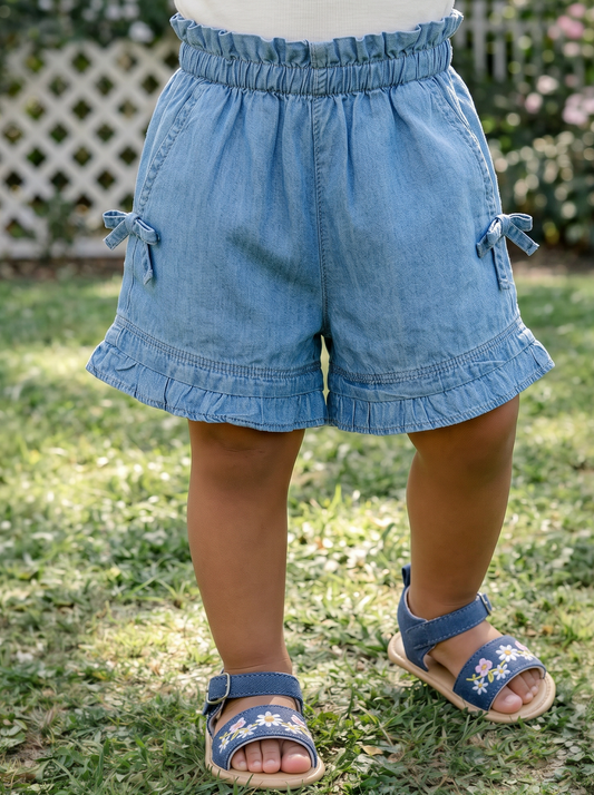 Chambray shorts with bows and ruffles - Blue